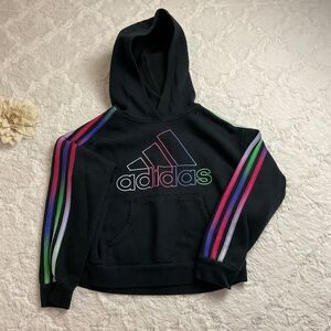 Adidas Hoodie Girls Small‎ Black Rainbow Strips Big Front Graphic Size 7/8